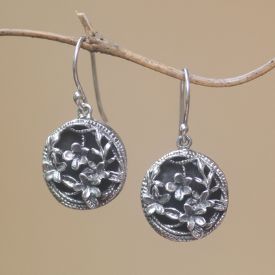 Sterling silver dangle earrings, 'Private Garden' - Frangipani Flower Sterling Silver Dangle Earrings from Bali