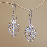 Sterling Silver Leaf Dangle Earrings from Bali,'Leaf Bones'