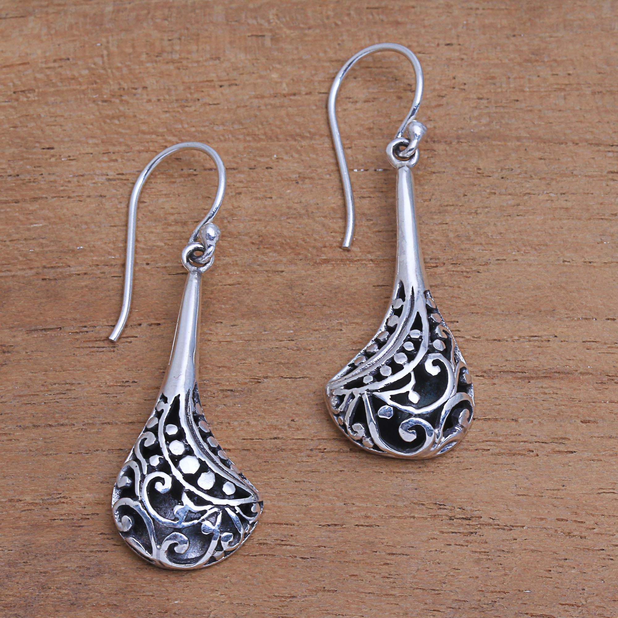 Curved Drop Sterling Silver Dangle Earrings from Bali Curved Drops