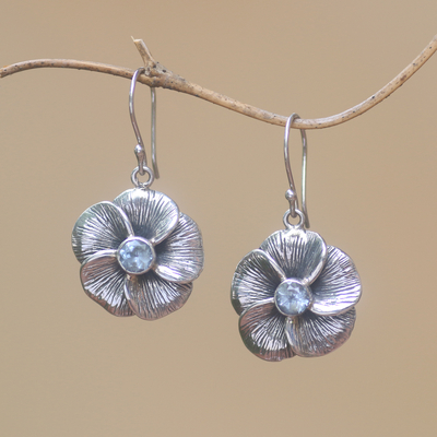 Blue topaz dangle earrings, 'Plumeria Sparkle' - Blue Topaz Frangipani Flower Dangle Earrings from Bali
