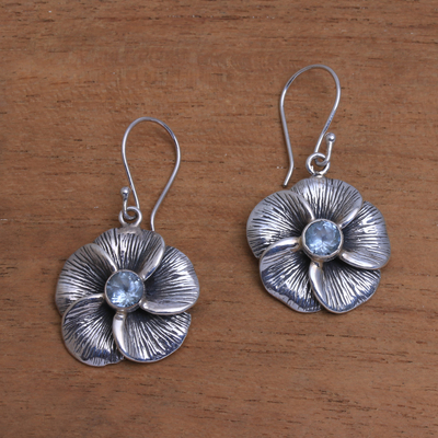 Blue topaz dangle earrings, 'Plumeria Sparkle' - Blue Topaz Frangipani Flower Dangle Earrings from Bali