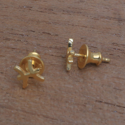 Gold plated sterling silver stud earrings, 'Golden Pisces' - 18k Gold Plated Sterling Silver Pisces Stud Earrings