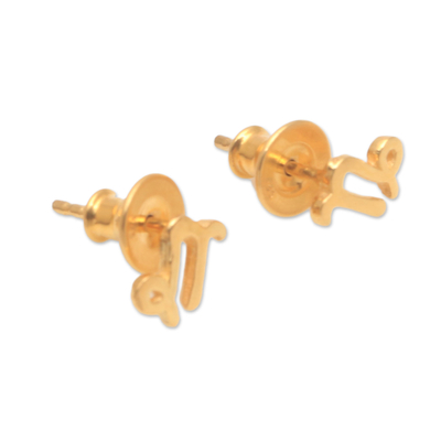 Gold plated sterling silver stud earrings, 'Golden Capricorn' - 18k Gold Plated Sterling Silver Capricorn Stud Earrings