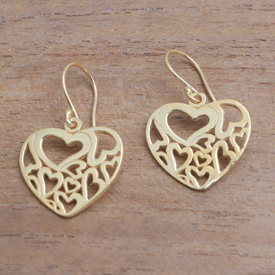 Gold plated sterling silver dangle earrings, 'Full-Hearted' - Heart Motif 18k Gold Plated Sterling Silver Dangle Earrings