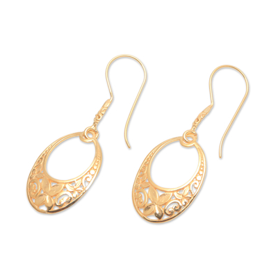 Gold plated sterling silver dangle earrings, 'Petal Gate' - Oval 18k Gold Plated Sterling Silver Dangle Earrings