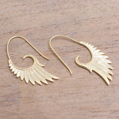 Gold plated sterling silver half-hoop earrings, 'Wings at Dawn' - 18k Gold Plated Sterling Silver Wing Half-Hoop Earrings