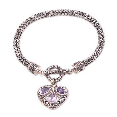 Amethyst chain bracelet, 'Three Times the Love' - Heart-Shaped Amethyst Chain Bracelet from Bali