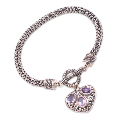 Amethyst chain bracelet, 'Three Times the Love' - Heart-Shaped Amethyst Chain Bracelet from Bali