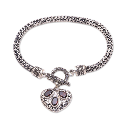 Garnet chain bracelet, 'Three Times the Love' - Heart-Shaped Garnet Chain Bracelet from Bali