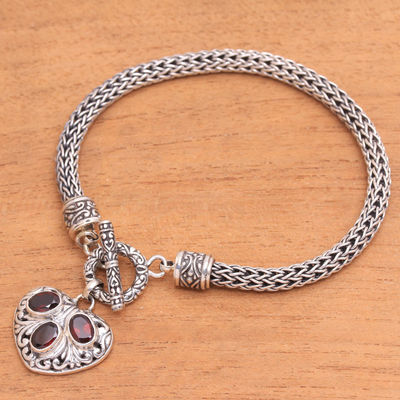 Garnet chain bracelet, 'Three Times the Love' - Heart-Shaped Garnet Chain Bracelet from Bali