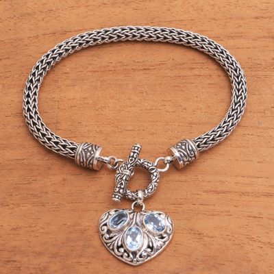 Blue topaz chain bracelet, 'Three Times the Love' - Heart-Shaped Blue Topaz Chain Bracelet from Bali