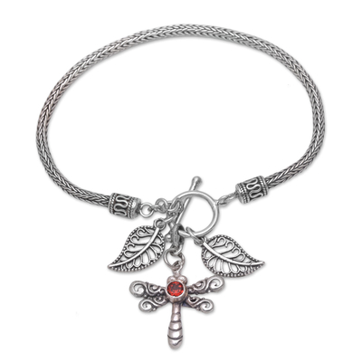 Garnet charm bracelet, 'Dragonfly Dawn' - Garnet Dragonfly Charm Bracelet from Bali