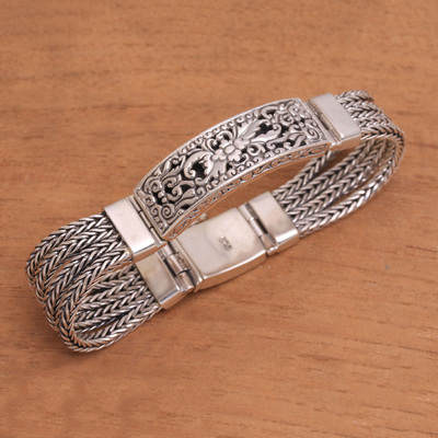 Sterling silver pendant bracelet, 'Balinese Jungle' - Floral Sterling Silver Pendant Bracelet from Bali