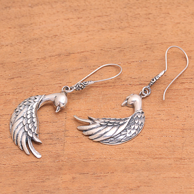 Sterling silver dangle earrings, 'Bali Peacocks' - Sterling Silver Peacock Dangle Earrings from Bali