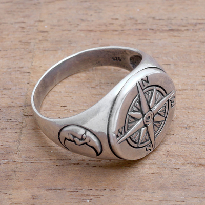 Men's sterling silver signet ring, 'Light the Way' - Men's Sterling Silver Compass Signet Ring from Bali