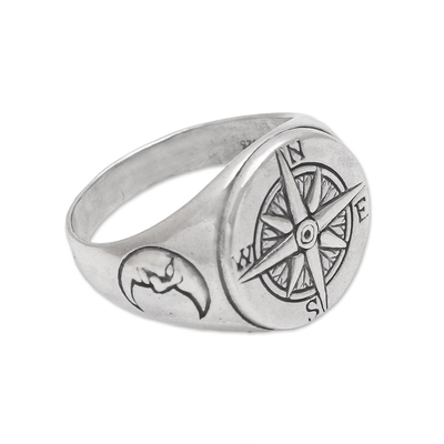 Men's sterling silver signet ring, 'Light the Way' - Men's Sterling Silver Compass Signet Ring from Bali