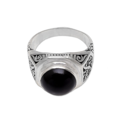 Men's onyx ring, 'Warrior's Soul' - Men's Sword Motif Onyx Ring from Bali