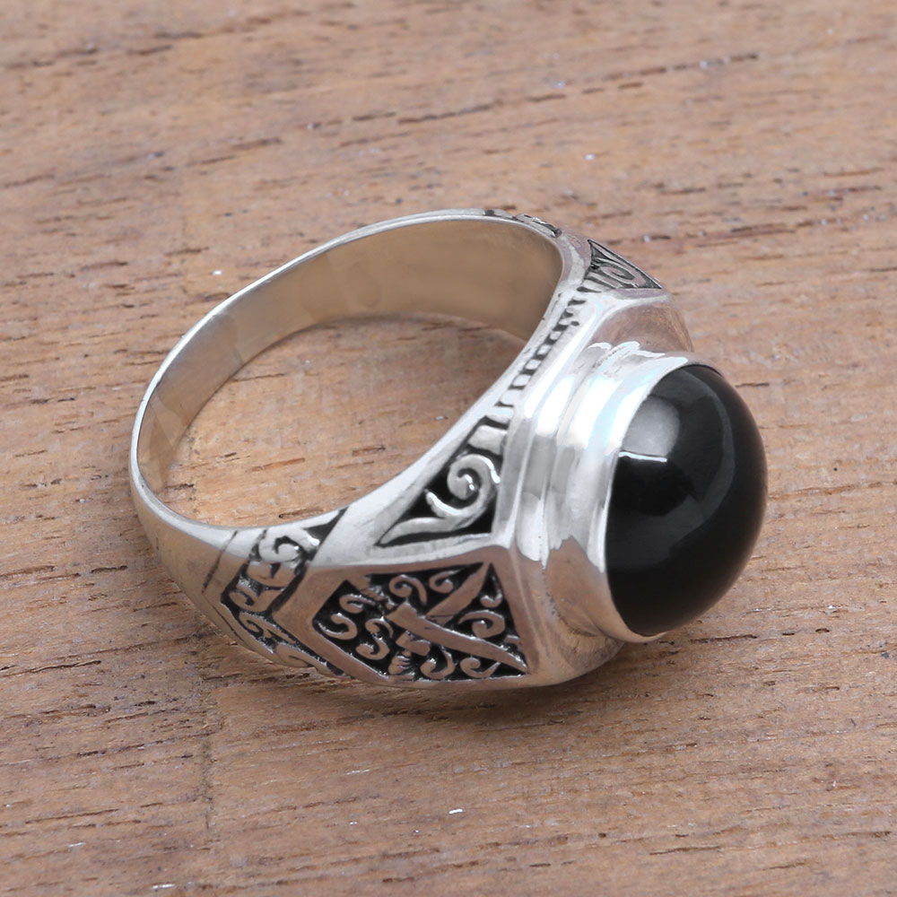 Men's Sword Motif Onyx Ring from Bali - Warrior's Soul | NOVICA