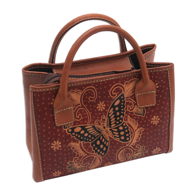 Batikleder-Umhängetasche, 'Königin der Monarchen' - Handgemachte Batik und Schmetterling Leder Umhängetasche aus Java