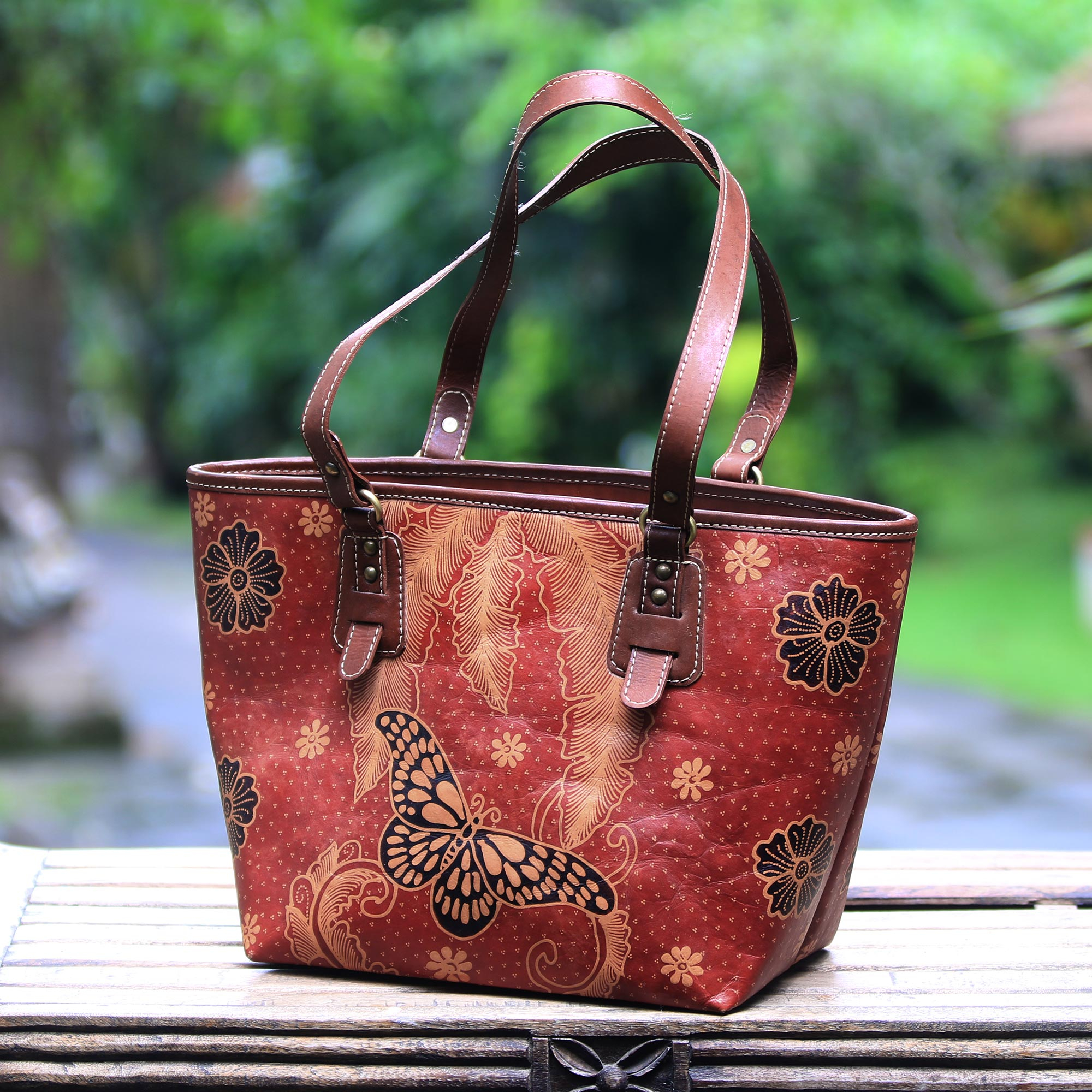 Batik Butterfly Leather Shoulder Bag from Java, 'Queen of Flowers'