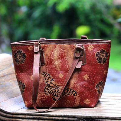 Bolso bandolera de piel batik - Bolso de hombro con diseño de mariposa batik de Java