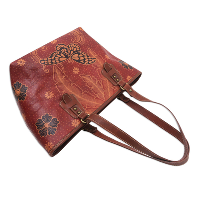 Bolso bandolera de piel batik - Bolso de hombro con diseño de mariposa batik de Java