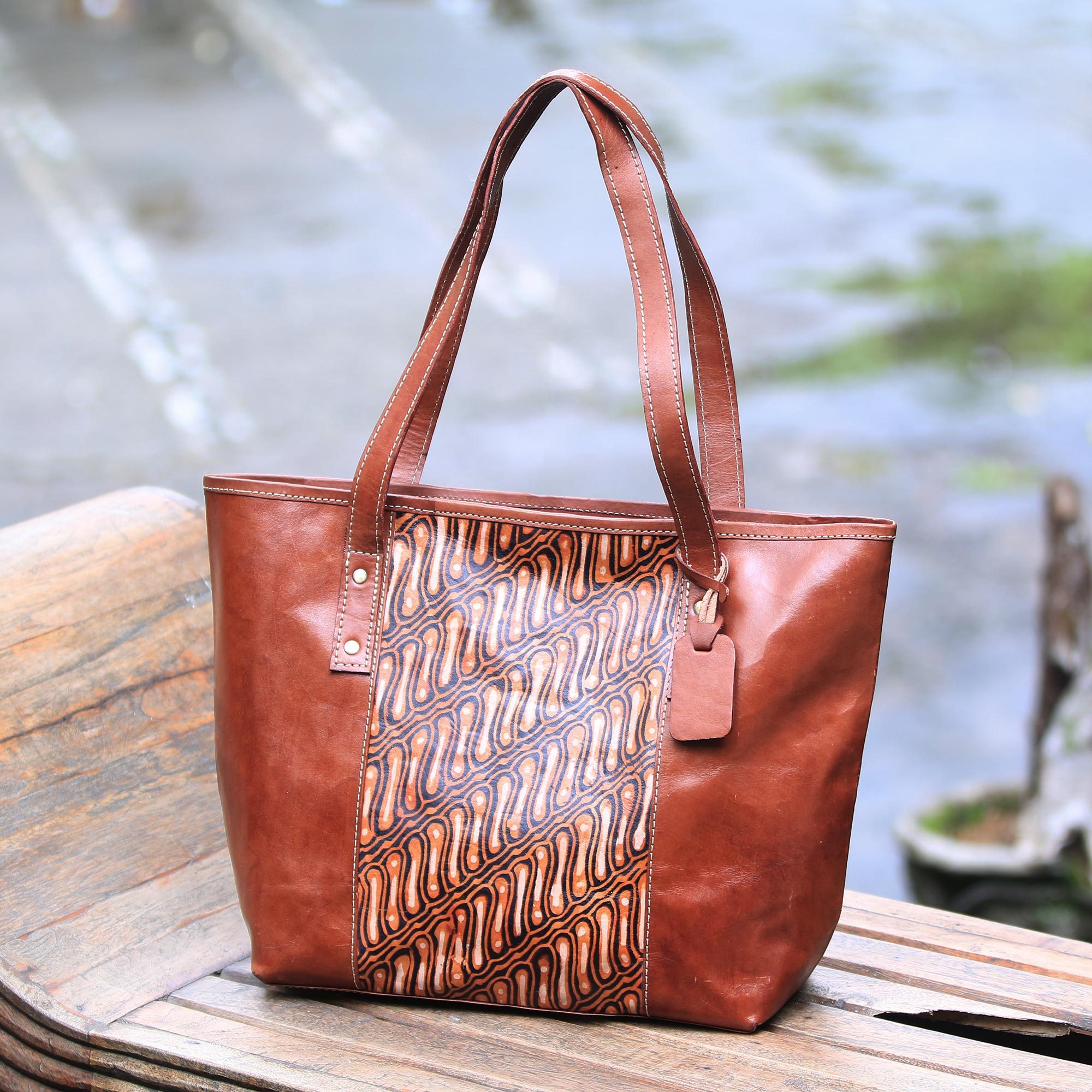 Parang Motif Batik Leather Tote Handbag From Java Rusak Parang Motif Batik Leather Tote Handbag