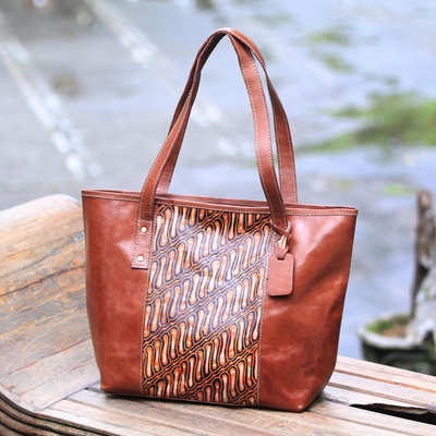 Batik leather tote, 'Parang Rusak' - Parang Motif Batik Leather Tote Handbag from Java