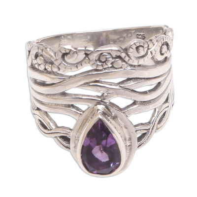 Openwork Amethyst Cocktail Ring Crafted in Bali - Gianyar Sunset | NOVICA
