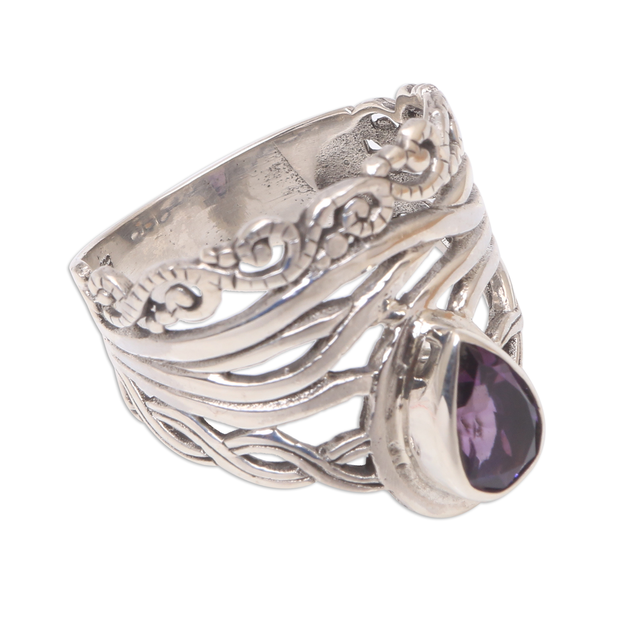 Openwork Amethyst Cocktail Ring Crafted in Bali - Gianyar Sunset | NOVICA