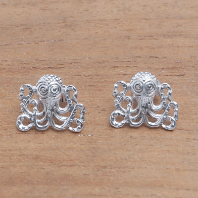 Sterling silver button earrings, 'Baby Octopus' - Sterling Silver Octopus Button Earrings from Bali