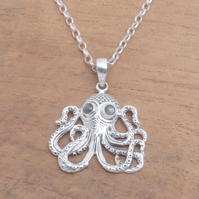 Rainbow moonstone pendant necklace, 'Octopus King' - Rainbow Moonstone Octopus Pendant Necklace from Bali