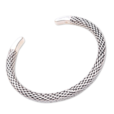 Sterling silver cuff bracelet, 'Cobra's Skin' - Link Motif Sterling Silver Cuff Bracelet Crafted in Bali