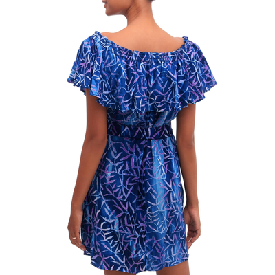 Batik rayon off-shoulder dress, 'Bamboo Batik' - Blue and Purple Bamboo Motif Batik Rayon Short-Sleeve Dress