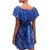 Schulterfreies Kleid aus Batik-Rayon - Blaues und lilafarbenes Batik-Rayon-Kurzarmkleid mit Bambusmotiv