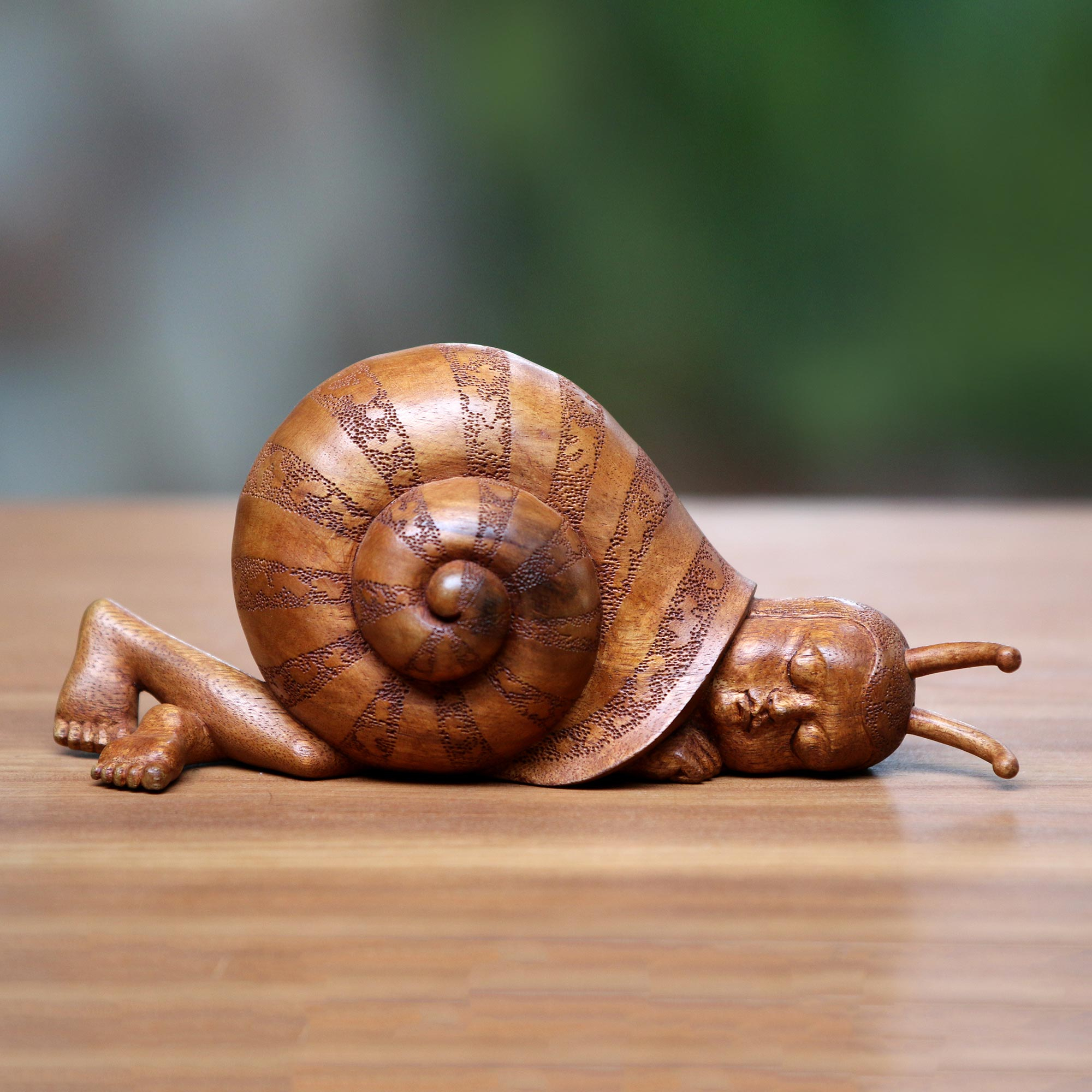 Unicef Market Snail Themed Surrealist Suar Wood Sculpture From