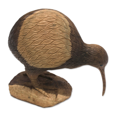 Hand-Carved Hibiscus Wood Kiwi Bird Sculpture from Bali