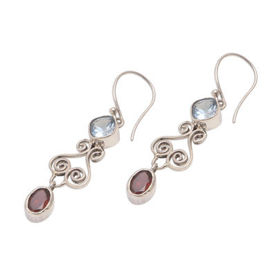 Garnet and blue topaz dangle earrings, 'Sky Flare' - Blue Topaz and Garnet Sterling Silver Dangle Earrings
