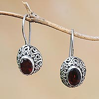 Garnet drop earrings, 'Temple Crown' - Faceted Oval Garnet Drop Earrings from Bali