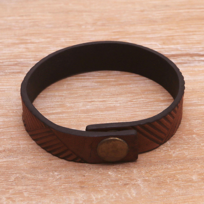 Leather wristband bracelet, 'Brown Bedeg' - Handmade Leather Wristband Bracelet from Bali