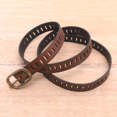 Cinturón de cuero, 'Bold Chemistry' - Cinturón de cuero marrón hecho a mano de Bali