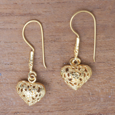 Gold plated sterling silver dangle earrings, 'Love Flowers' - Floral 18k Gold Plated Sterling Silver Heart Dangle Earrings