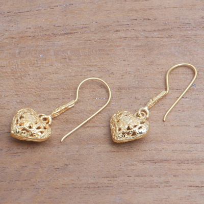 Gold plated sterling silver dangle earrings, 'Love Flowers' - Floral 18k Gold Plated Sterling Silver Heart Dangle Earrings
