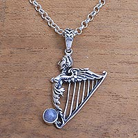 Rainbow moonstone pendant necklace, 'Angelic Harp' - Sterling Silver and Rainbow Moonstone Angelic Harp Necklace