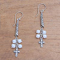 Cultured pearl dangle earrings, 'Heavenly Design' - Cultured Pearl Cross Dangle Earrings from Bali