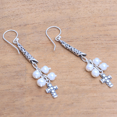 Cultured pearl dangle earrings, 'Heavenly Design' - Cultured Pearl Cross Dangle Earrings from Bali