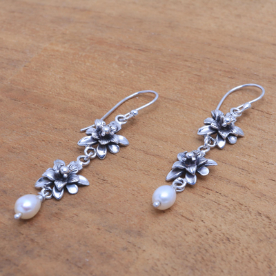 Cultured pearl dangle earrings, 'Lotus Garland' - Lotus Flower Cultured Pearl Dangle Earrings from Bali