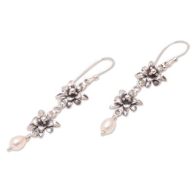 Cultured pearl dangle earrings, 'Lotus Garland' - Lotus Flower Cultured Pearl Dangle Earrings from Bali