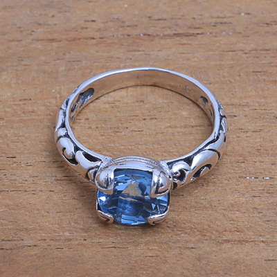 Blue topaz single-stone ring, 'Temple Heirloom' - Blue Topaz Single Stone Ring Crafted in Bali