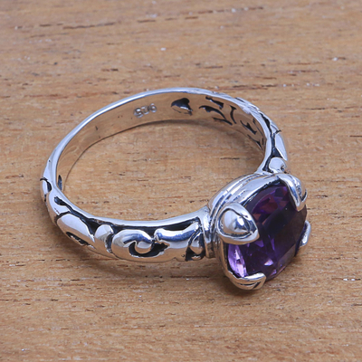 Amethyst single-stone ring, 'Temple Heirloom' - Amethyst Single Stone Ring Crafted in Bali